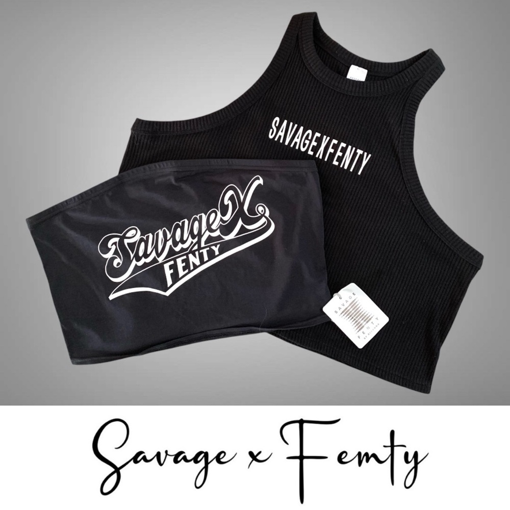 “Savage X Fenty” Black Rib Knit Crop Tank Top and Bandeau Bundle- 2X